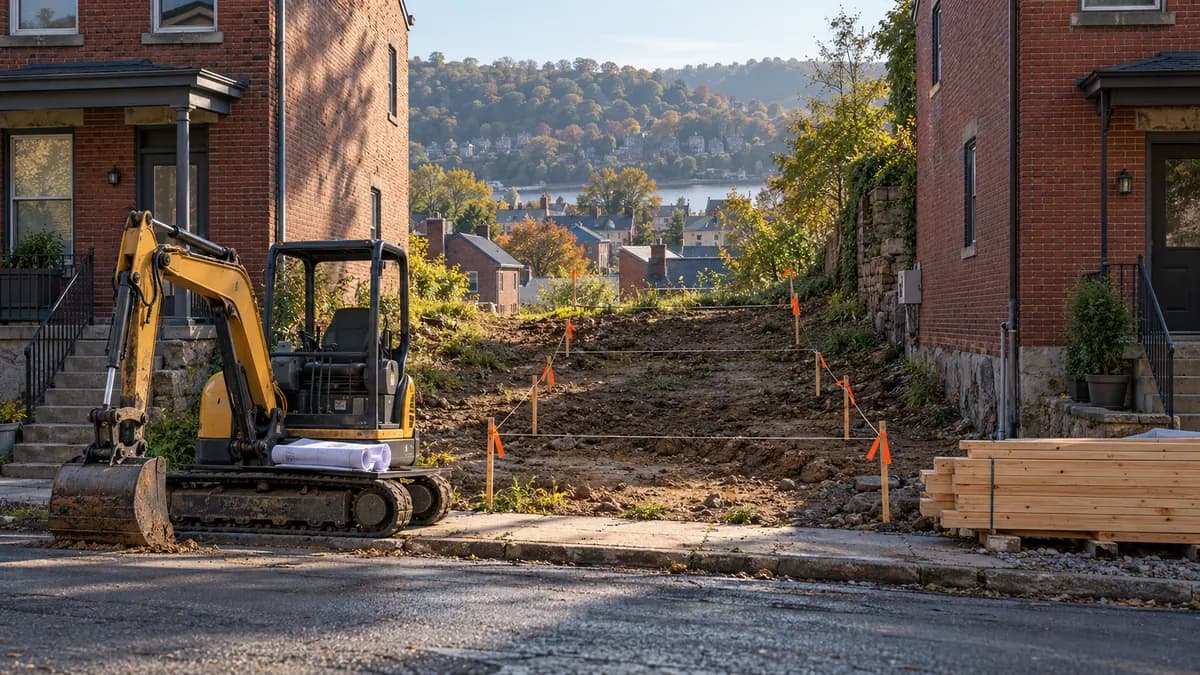 AI-generated vacant hillside infill lot between brick rowhouses, with survey stakes and a small excavator.