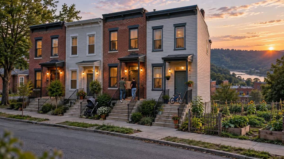 AI-generated row of newly built modest townhomes with families moving in and a community garden next door.