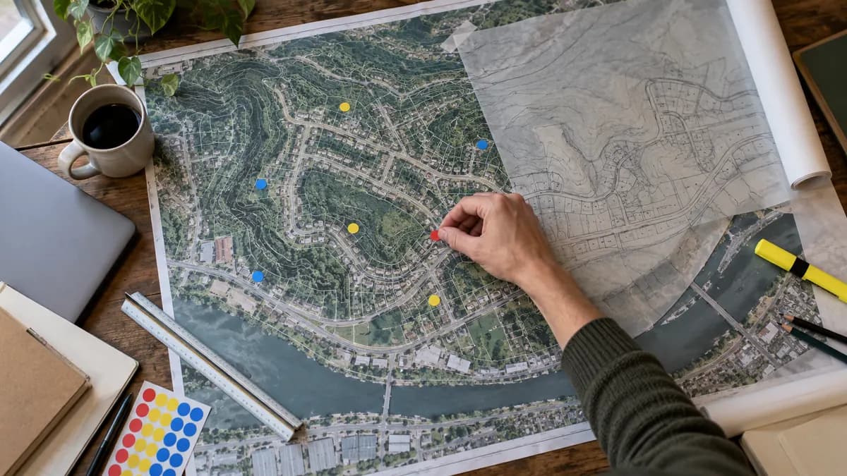 AI-generated overhead view of a planner’s table with a parcel map marked with colored dots.