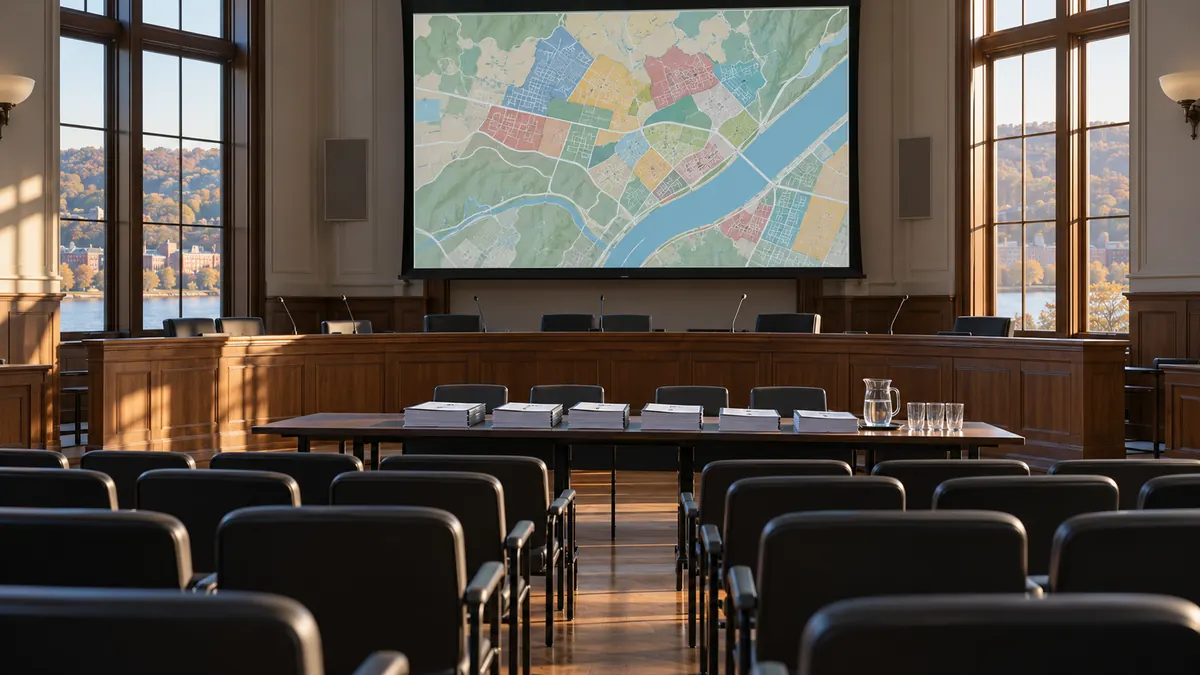 AI-generated empty public meeting room with a dais, microphones and a projected zoning map.